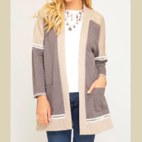 Open Front Color Block Cardigan - Picture 2 of 4